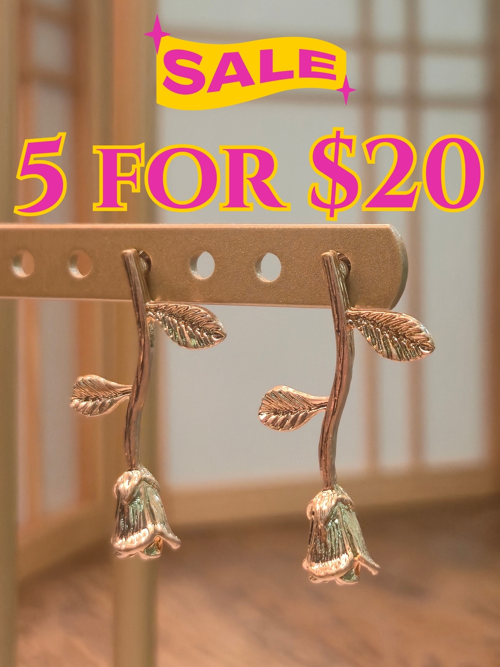 Gold Tone Rose Flower Drop Earrings | 5 for $20 Jewelry Sale